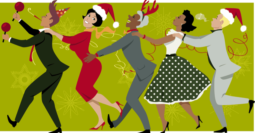 Animated people dressed in business clothes dancing in a line celebrating at a holiday office party wearing holiday decor