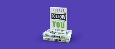 Stack of the book People Follow You by Jeb Blount with a white cover gray green and white writing on a purple background