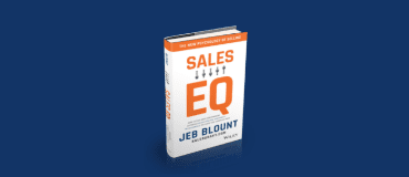 Sales EQ by Jeb Blount book cover white with orange trim with Sales EQ in orange Book is against a navy blue background