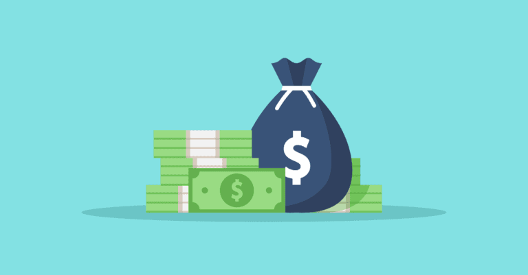 Navy blue money bag with white money symbol and stacks of green cash on a teal blue background