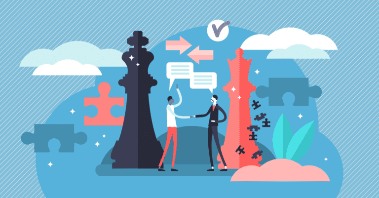 A salesperson and prospect negotiation with chess pieces and puzzle pieces surrounding them on a blue background