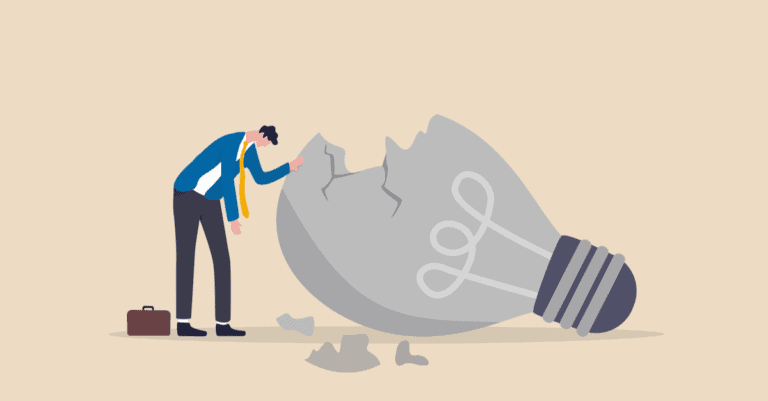 Animated salesperson feeling defeated slumped over leaning towards a broken lightbulb with his brief case on the ground
