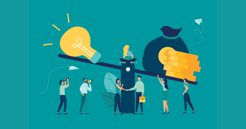 Animated sales and business people weighing the value of an offer on a scale with a lightbulb on one side money on the other