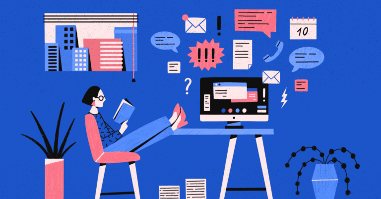 Salesperson reading a book with feet propped on desk with notifications ringing everywhere from the computer phone and laptop