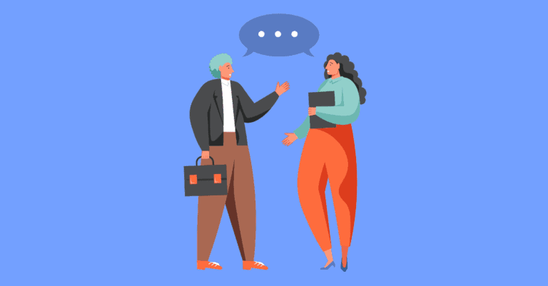 Two animated people dressed in business clothes that share a common identity talking to one another