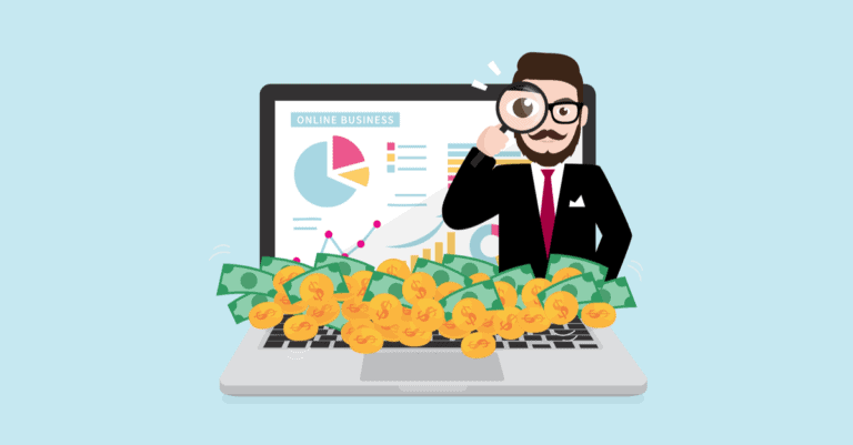 Animated business man with a magnifying glass popping up from a laptop showing graphs on the screen with money on the laptop