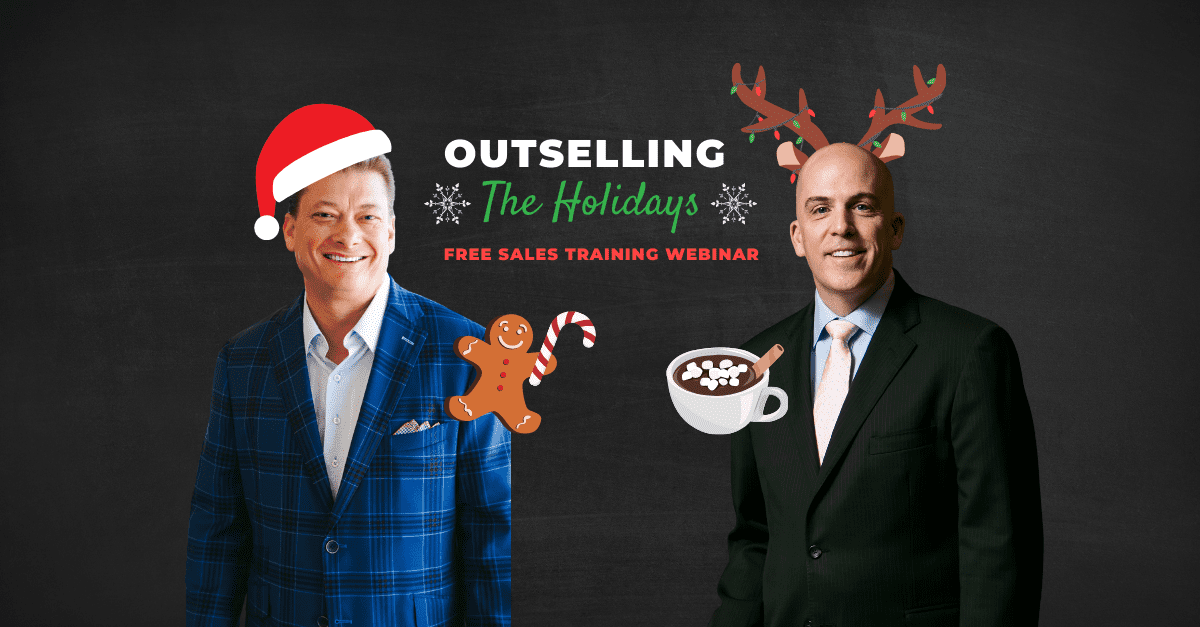 Jeb Blount in a Santa hat and Anthony Iannarino with reindeer ears for the cover image of Outselling The Holidays