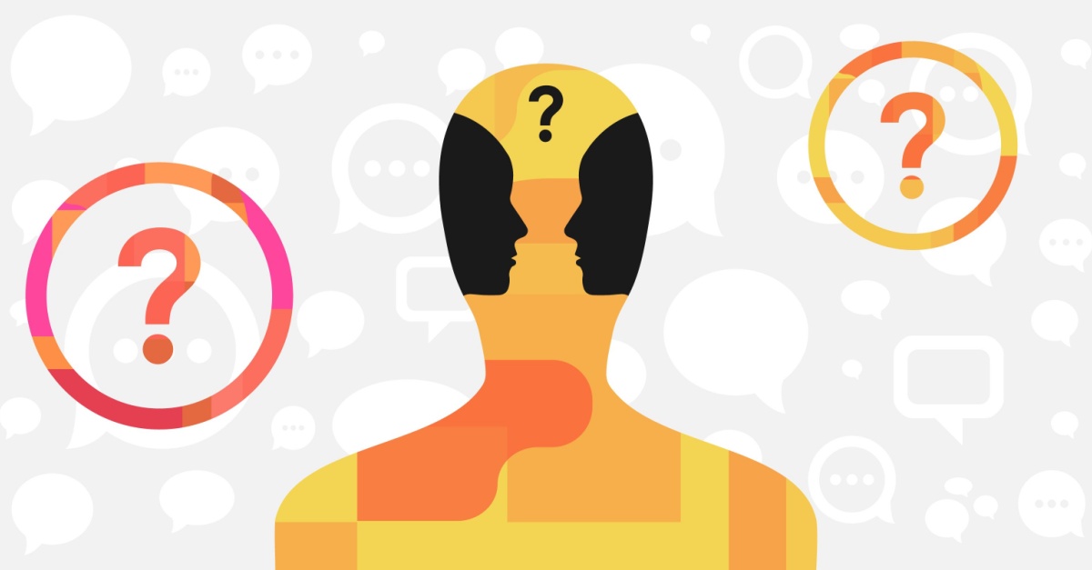 Two opposing faces under a question mark in a mind.