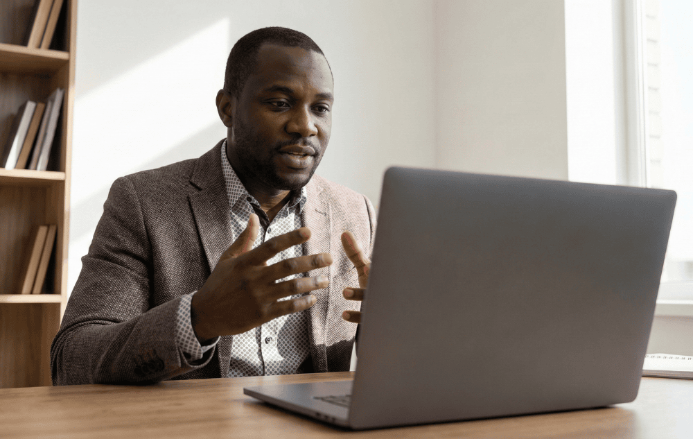 Business owner receiving 1-on-1 sales coaching from a Sales Gravy master coach to transition from founder-led sales to a scalable team model using Jeb Blount's methodologies.