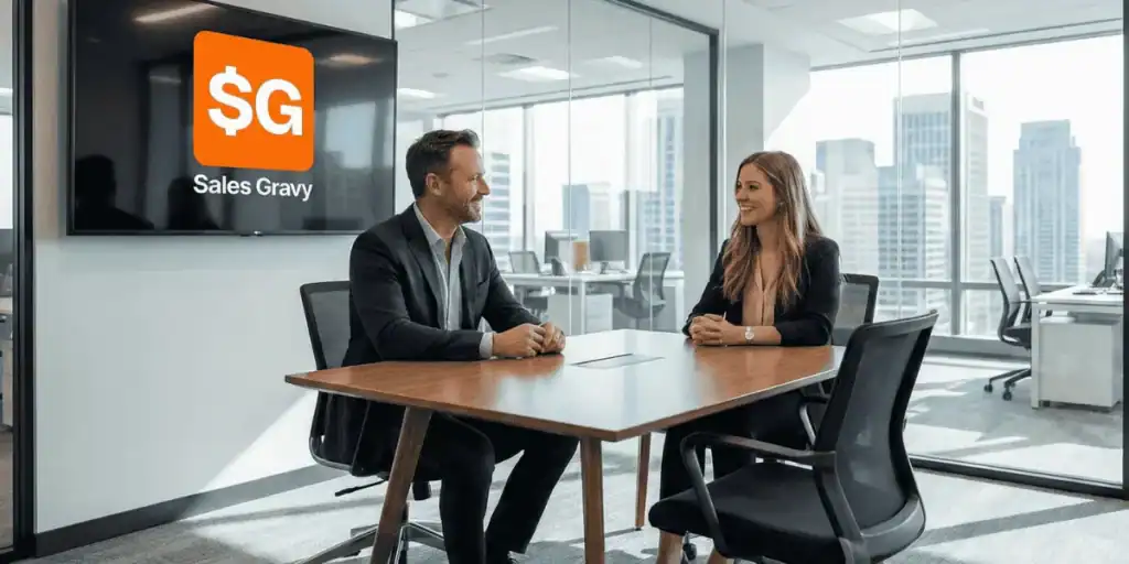 Image of a sales manager interviewing a sales rep candidate the he recruited.