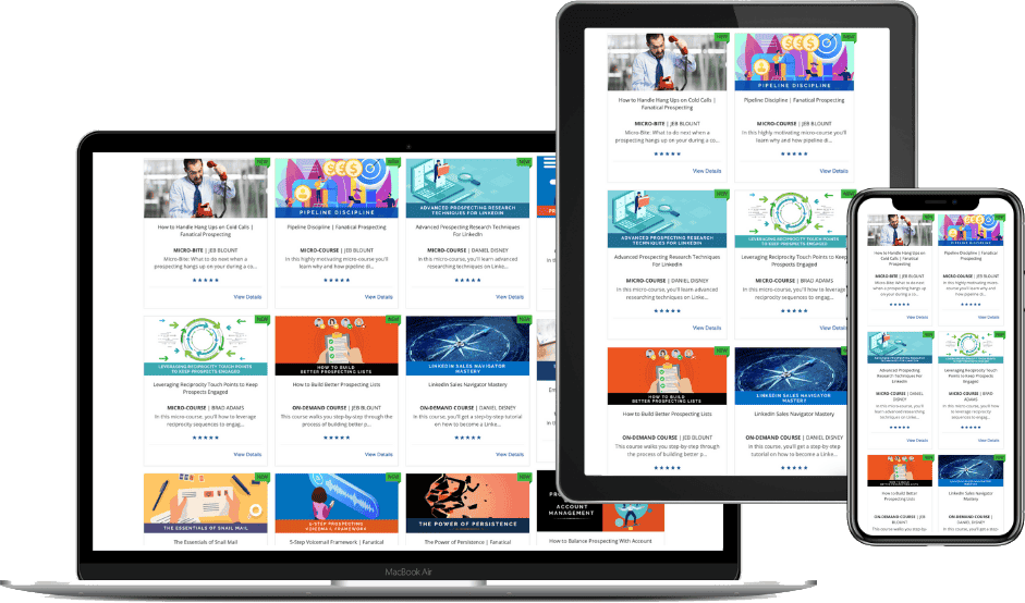 Image of Sales Gravy University course catalog on desktop, tablet, and phone.