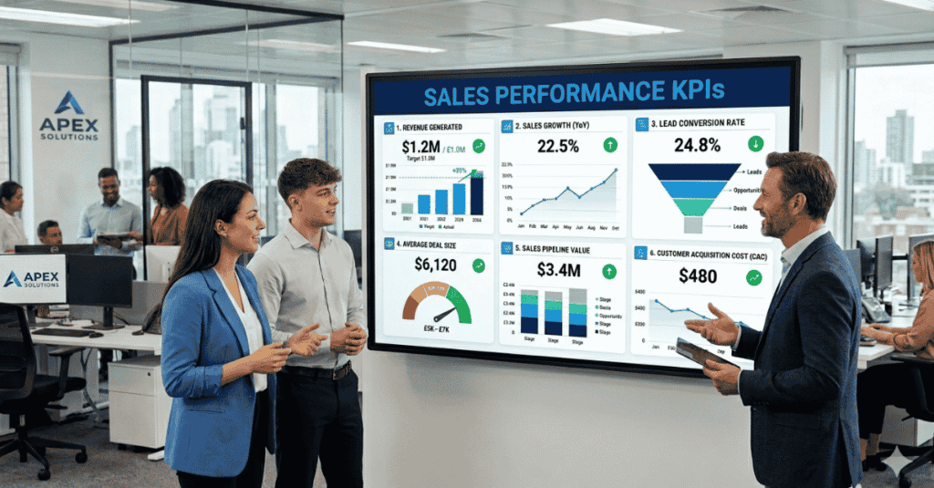 An image of a sales leader talking to sales reps about KPIs in front of a smart board