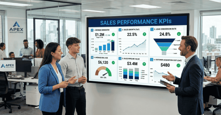 An image of a sales leader talking to sales reps about KPIs in front of a smart board