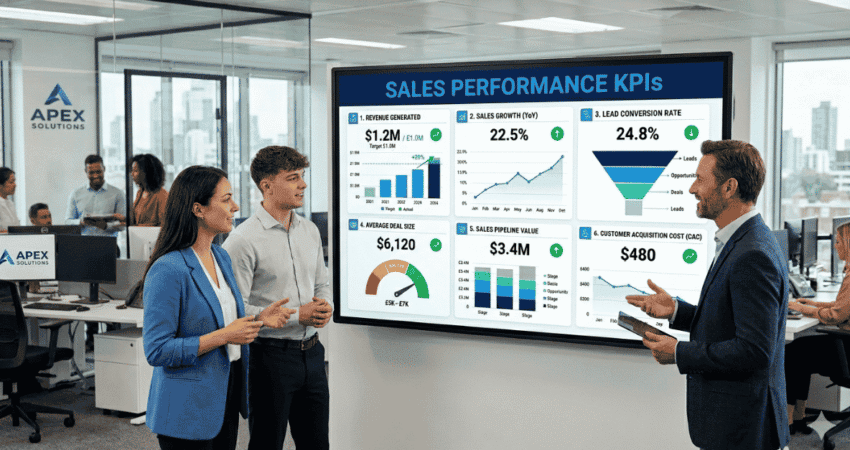An image of a sales leader talking to sales reps about KPIs in front of a smart board