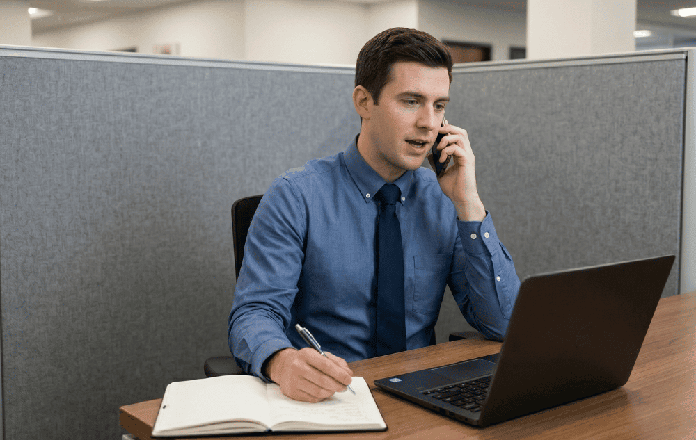 Sales rep at his desk on a cold call using scripts to ask for an appointment — cold calling training from Sales Gravy