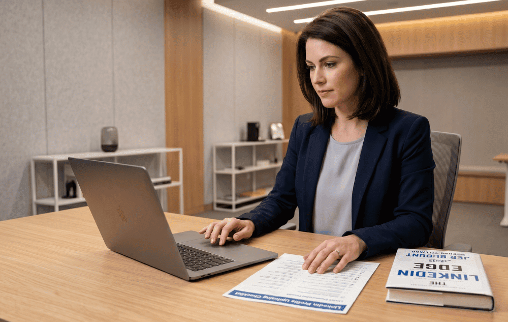Sales professional using the LinkedIn Edge Profile Makeover Checklist by Jeb Blount to optimize her LinkedIn profile and attract clients