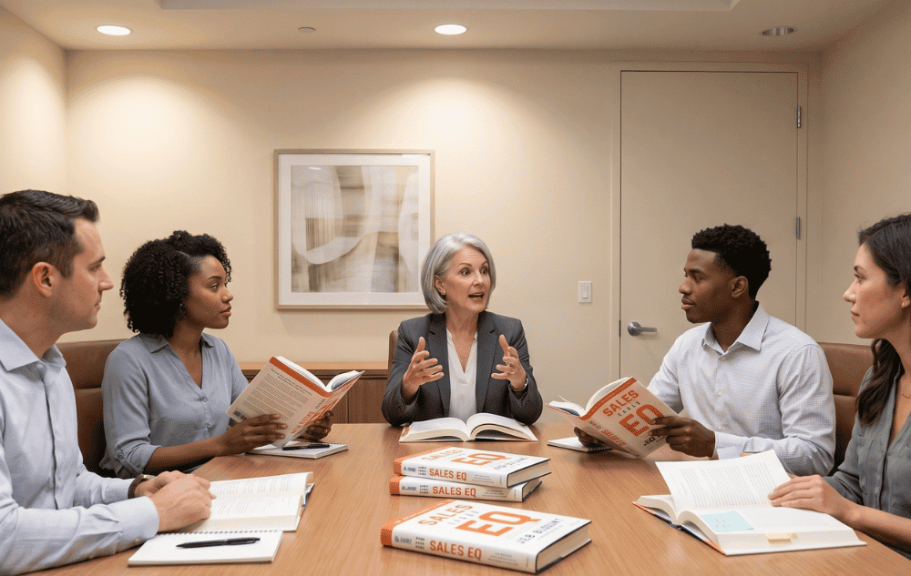Sales team reading Sales EQ by Jeb Blount — free Book Club Guide on sales emotional intelligence from Sales Gravy