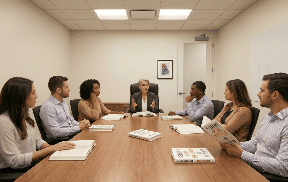 Sales team reading Selling the Price Increase by Jeb Blount — free Book Club Guide from Sales Gravy