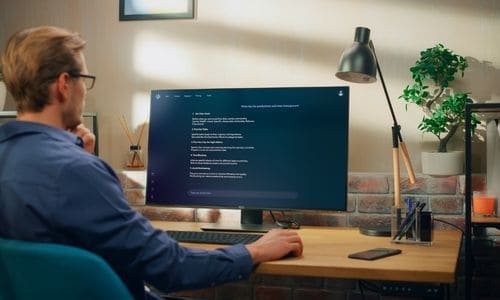Buyer using AI chat assistant to research product questions before a sales conversation